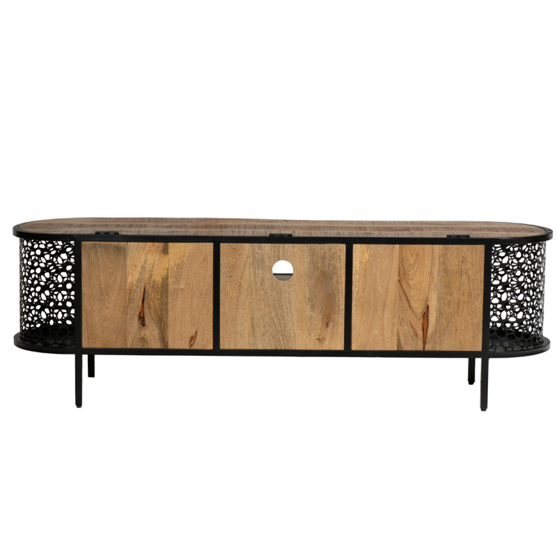 Meuble TV 120 cm 2 portes 1 tiroir 1 niche en bois de manguier massif et métal noir ajouré – MANHO