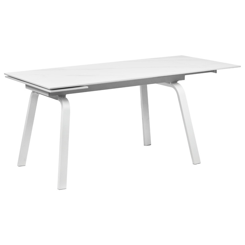 Table de Repas Extensible 140 / 200 cm en Céramique Blanc Marbré Pieds Évasés Métal Blanc - TOSHIRO