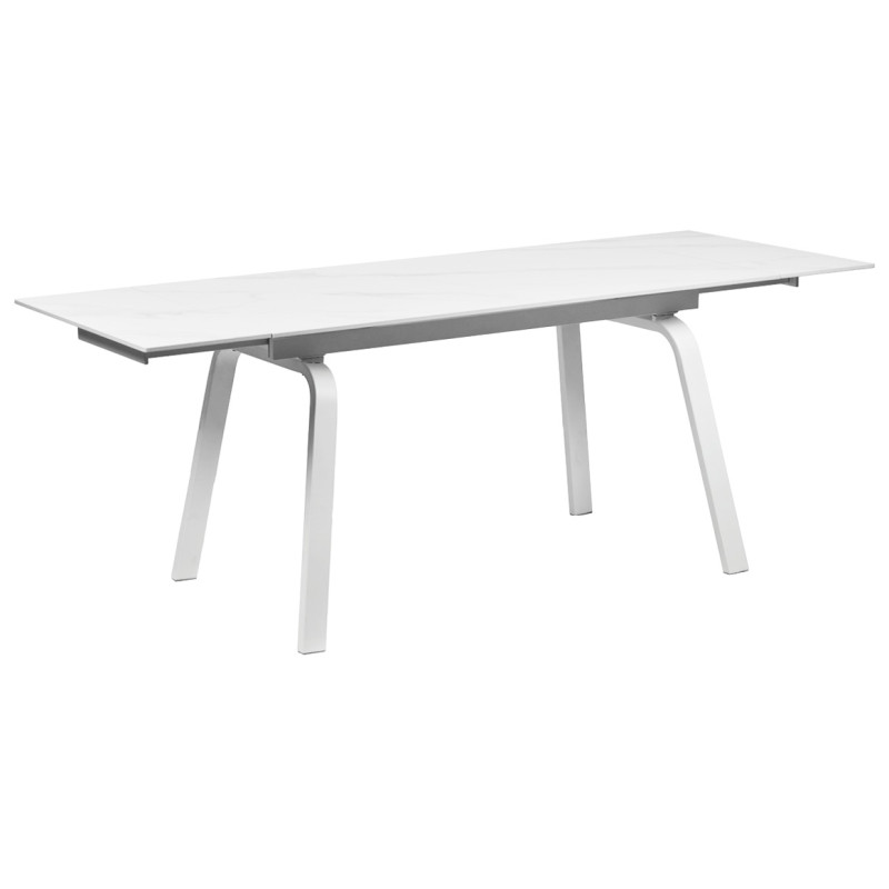 Table de Repas Extensible 140 / 200 cm en Céramique Blanc Marbré Pieds Évasés Métal Blanc - TOSHIRO