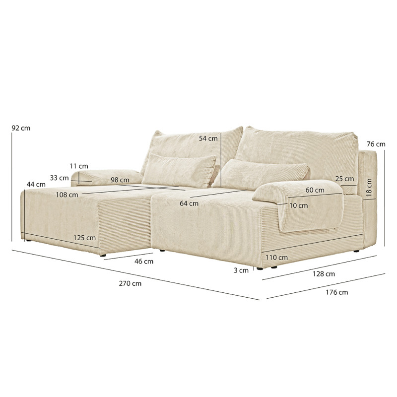 Canapé d'angle réversible et convertible velours côtelé beige - LESTER