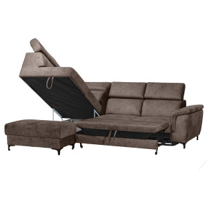Canapé d'Angle Gauche Convertible coffre pouf et appuis-tête réglables microfibre marron – MERRIN