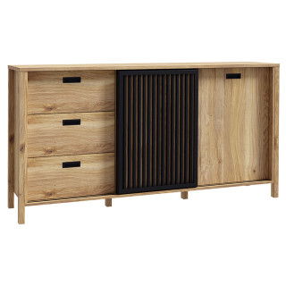 Buffet 175 cm Décor Noir et Chêne 2 Portes 3 Tiroirs Poignées Noir - Naturel et Tendance - SELENA