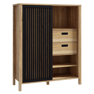 Armoirette L. 103 cm Décor Noir et Chêne 1 Porte Coulissante Ajouré 2 Tiroirs Poignées  Noir - SELENA