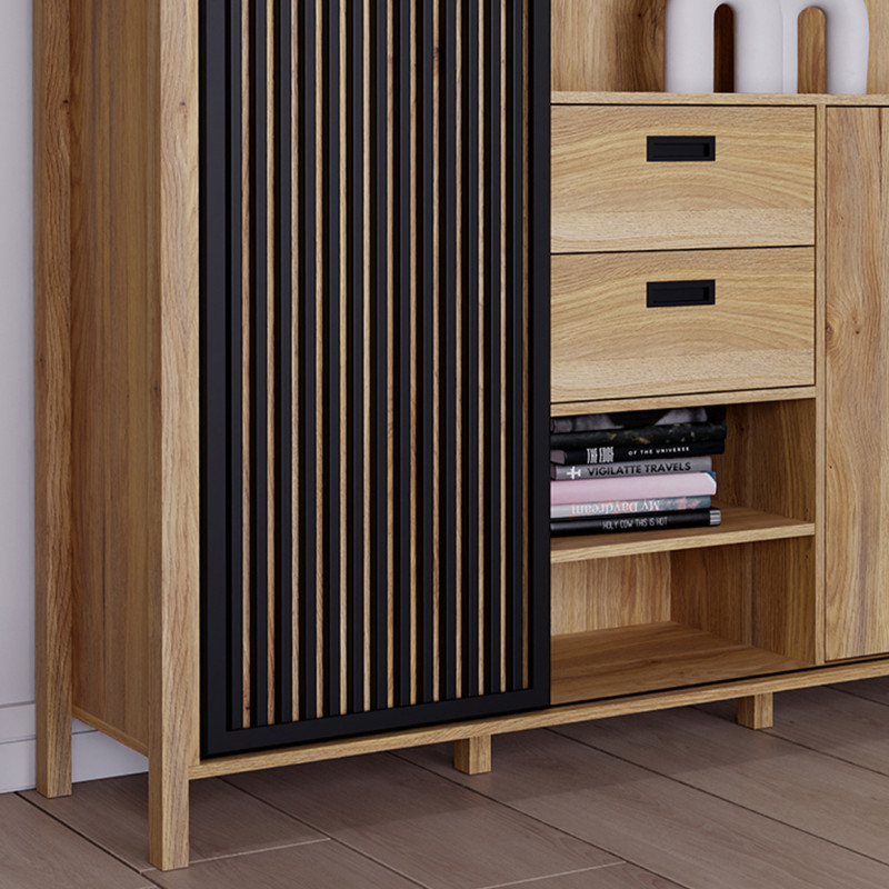 Armoirette L. 150 cm Décor Noir et Chêne 2 Portes 2 Tiroirs Poignées Noir - Naturel et Tendance - SELENA