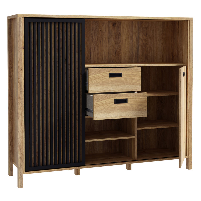 Armoirette L. 150 cm Décor Noir et Chêne 2 Portes 2 Tiroirs Poignées Noir - Naturel et Tendance - SELENA