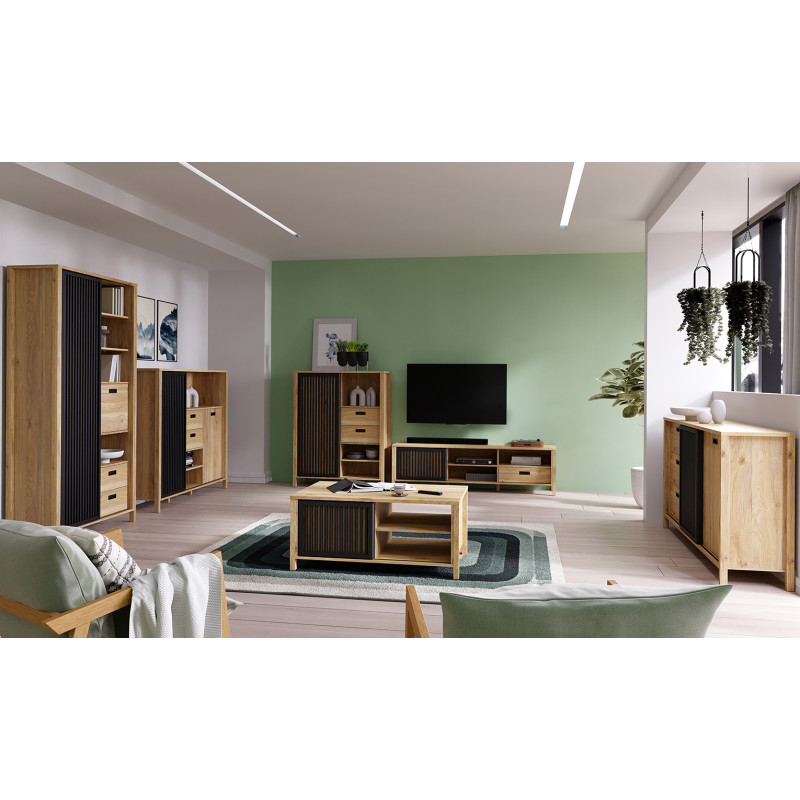 Armoirette L. 150 cm Décor Noir et Chêne 2 Portes 2 Tiroirs Poignées Noir - Naturel et Tendance - SELENA