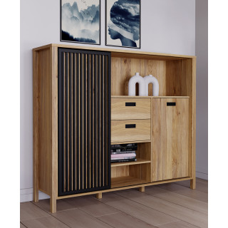 Armoirette L. 150 cm Décor Noir et Chêne 2 Portes 2 Tiroirs Poignées Noir - Naturel et Tendance - SELENA