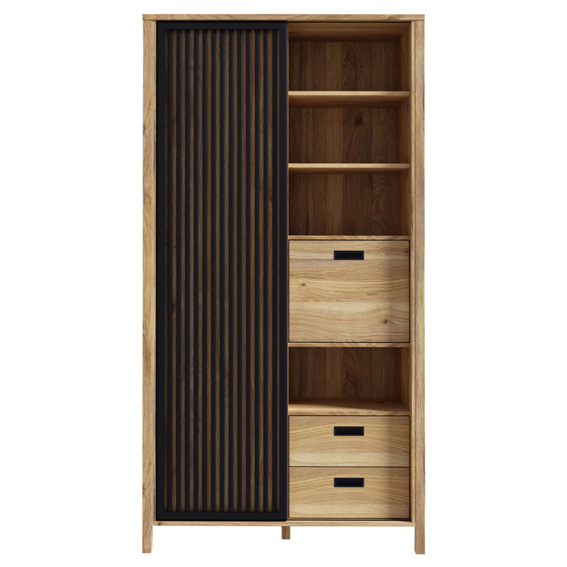 Bibliothèque H. 200 cm Décor Noir et Chêne 2 Portes 2 Tiroirs Poignées Noir - Naturel et Tendance - SELENA