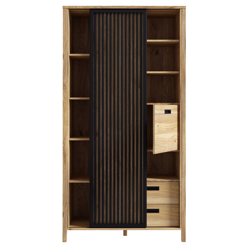 Bibliothèque H. 200 cm Décor Noir et Chêne 2 Portes 2 Tiroirs Poignées Noir - Naturel et Tendance - SELENA