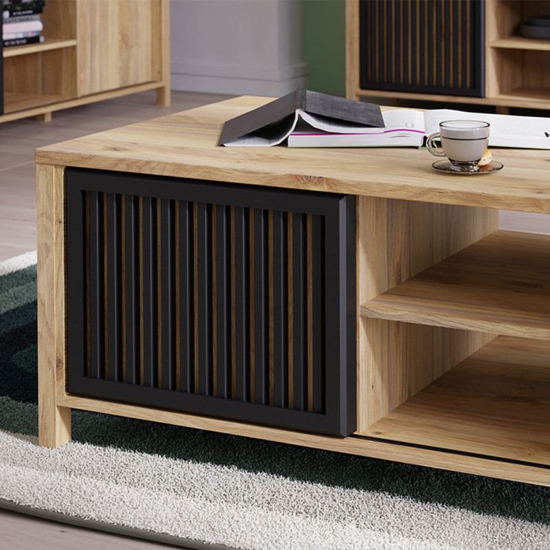 Table Basse 106 cm Décor Noir et Chêne avec 1 Porte Coulissante Ajourée et 4 Niches - SELENA