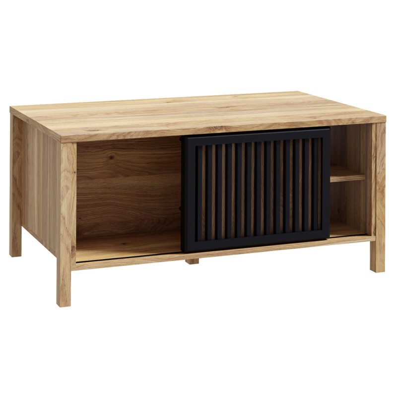 Table Basse 106 cm Décor Noir et Chêne avec 1 Porte Coulissante Ajourée et 4 Niches - SELENA