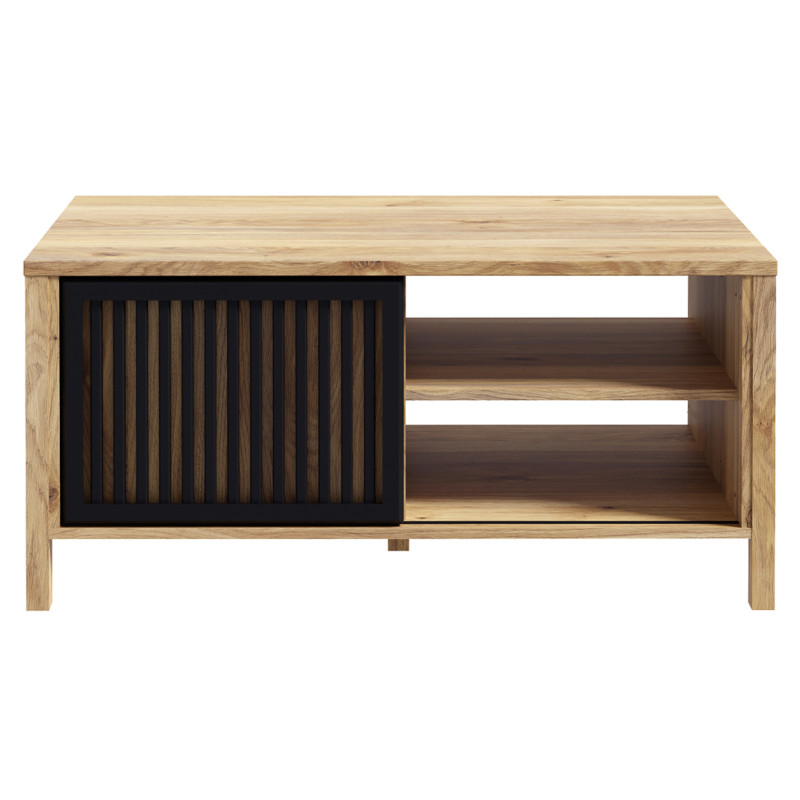 Table Basse 106 cm Décor Noir et Chêne avec 1 Porte Coulissante Ajourée et 4 Niches - SELENA