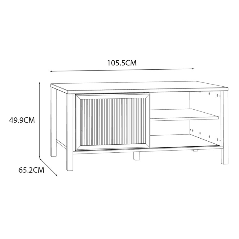 Table Basse 106 cm Décor Noir et Chêne avec 1 Porte Coulissante Ajourée et 4 Niches - SELENA