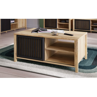 Table Basse 106 cm Décor Noir et Chêne avec 1 Porte Coulissante Ajourée et 4 Niches - SELENA