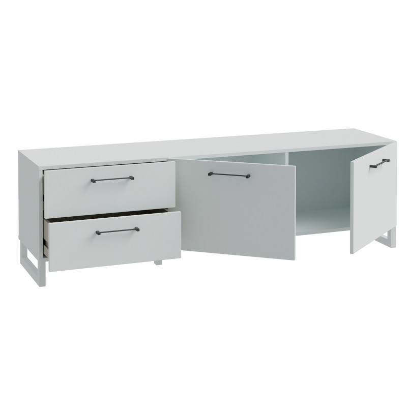 Meuble TV 164 cm 2 portes soft close 2 tiroirs décor gris clair mat et poignées métal noir - ASTORIA