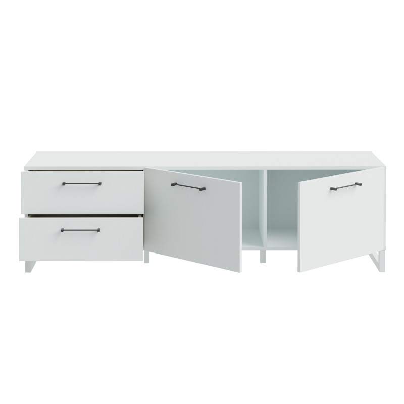 Meuble TV 164 cm 2 portes soft close 2 tiroirs décor gris clair mat et poignées métal noir - ASTORIA