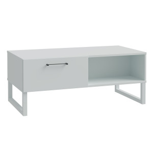 Table basse 110 cm 1 tiroir 3 niches décor gris clair mat et poignées métal noir - ASTORIA