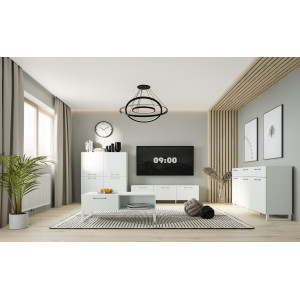 Table basse 110 cm 1 tiroir 3 niches décor gris clair mat et poignées métal noir - ASTORIA