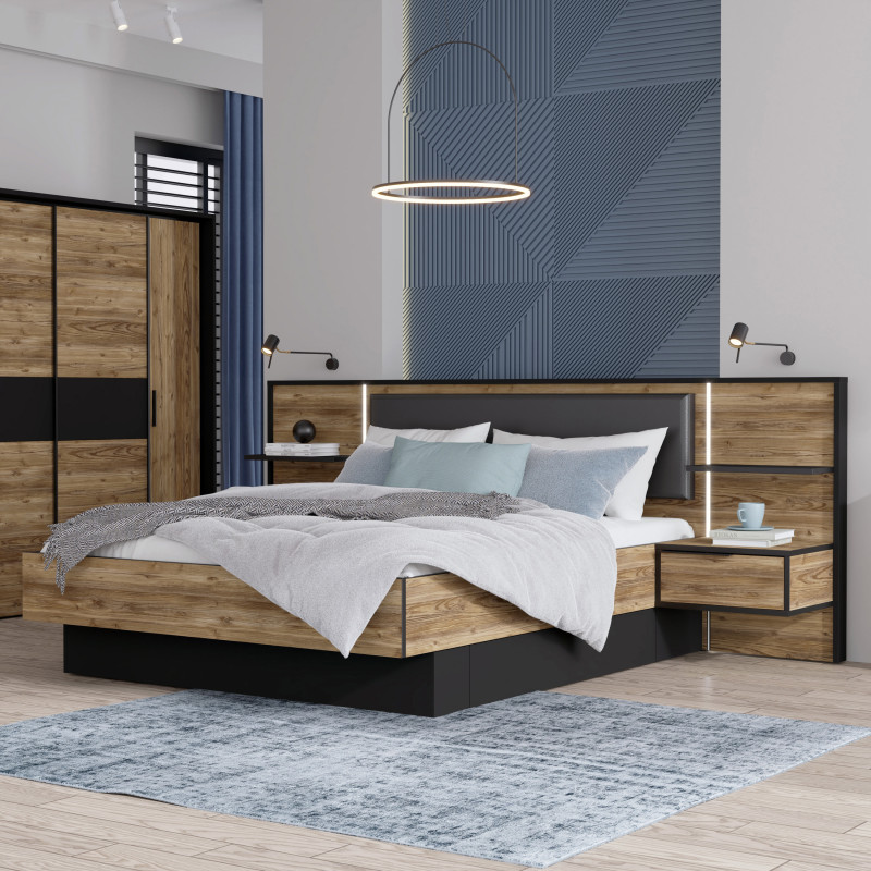 Lit 160 x 200 cm décor bois épicéa et noir mat chevets et tête de lit éclairage LED - CELIA