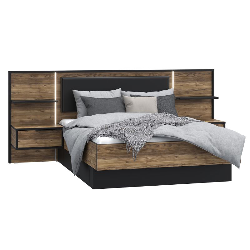Lit 140 x 190 cm décor bois épicéa et finitions noir mat - CELIA