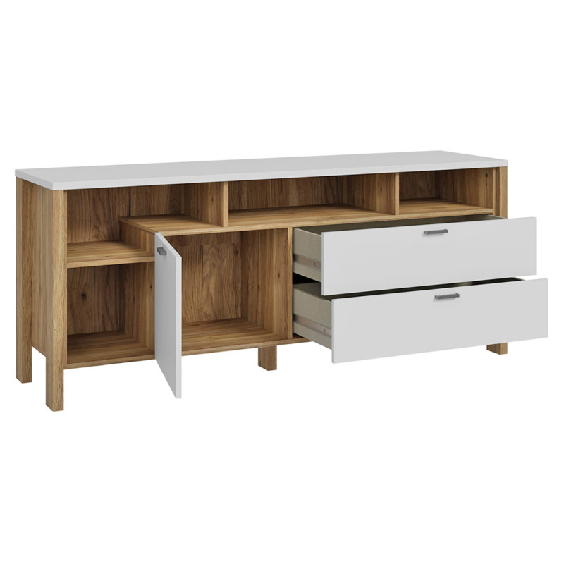 Meuble TV L. 162 cm 1 Porte 2 Tiroirs 4 Niches Décor Gris Clair et Chêne - DEVONNE