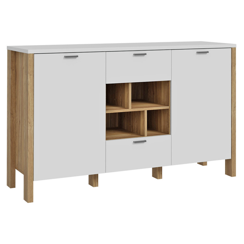 Buffet Haut L. 141 cm 2 Portes 2 Tiroirs 4 Niches Décor Gris Clair et Chêne - DEVONNE