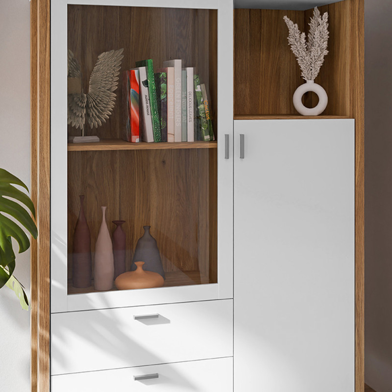 Armoirette Vitrée H. 152 cm 2 Portes 2 Tiroirs 1 Niche Décor Gris Clair et Chêne - DEVONNE