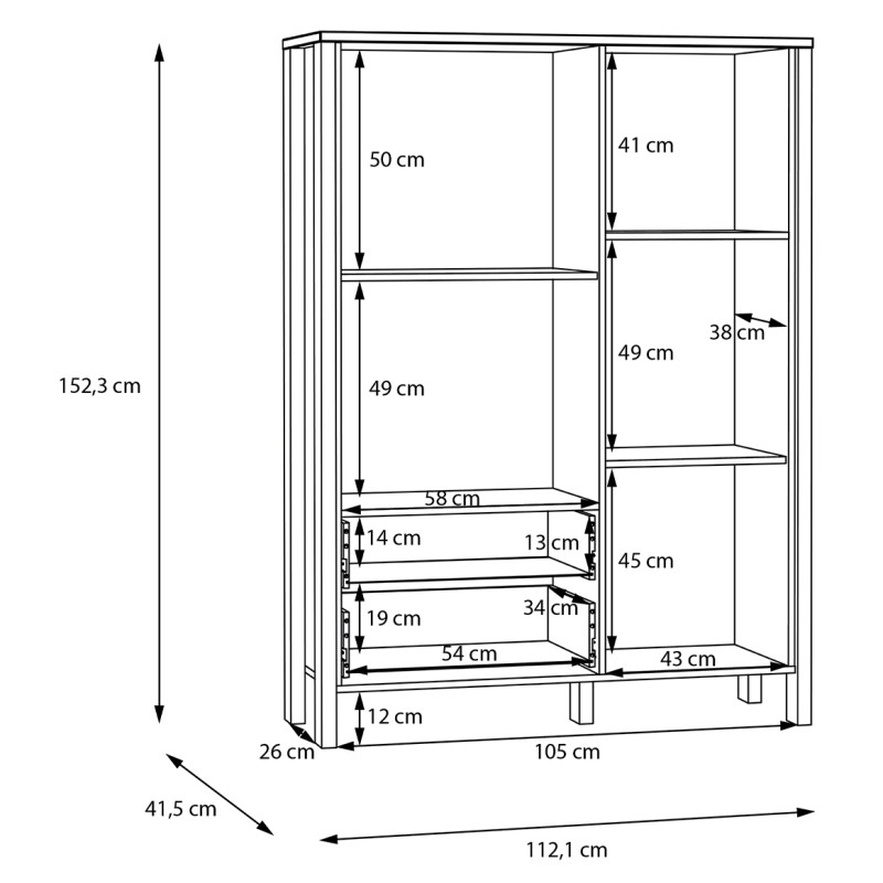 Armoirette Vitrée H. 152 cm 2 Portes 2 Tiroirs 1 Niche Décor Gris Clair et Chêne - DEVONNE
