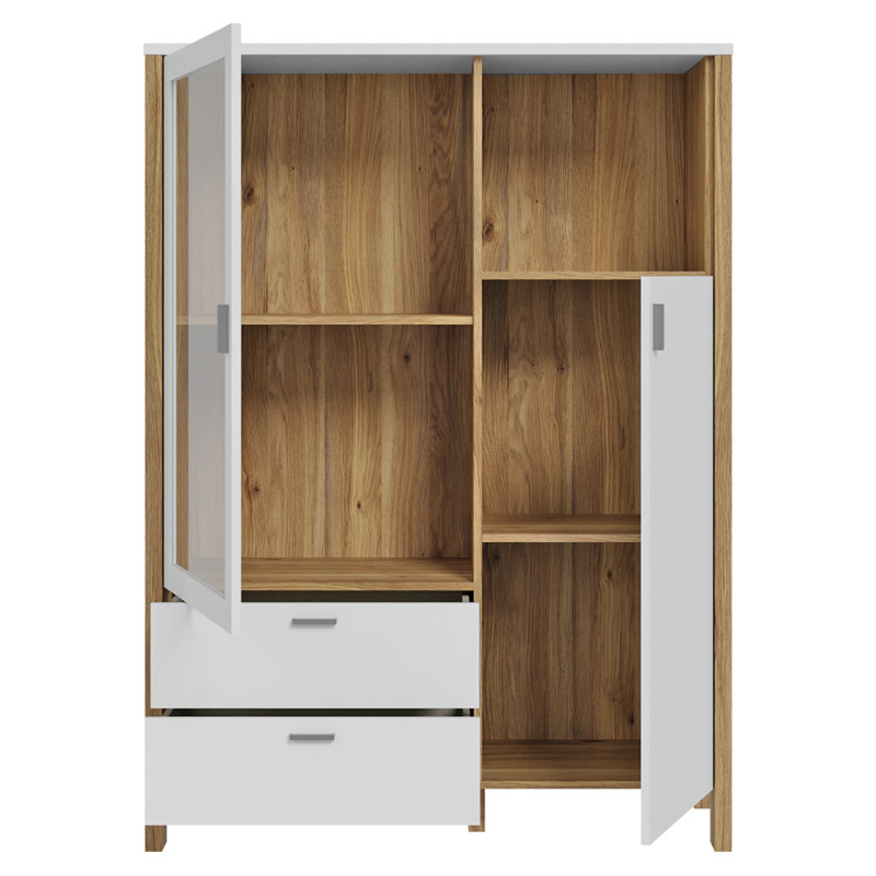 Armoirette Vitrée H. 152 cm 2 Portes 2 Tiroirs 1 Niche Décor Gris Clair et Chêne - DEVONNE