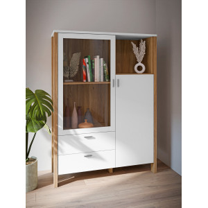Armoirette Vitrée H. 152 cm 2 Portes 2 Tiroirs 1 Niche Décor Gris Clair et Chêne - DEVONNE