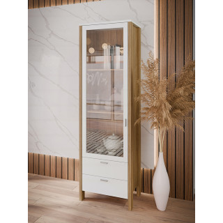 Colonne Vitrée H. 200 cm 1 Porte Réversible 2 Tiroirs Décor Gris Clair et Chêne - DEVONNE