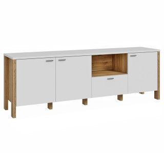 Meuble TV  L. 193 cm 3 Portes 1 Tiroir 1 Niche Décor Gris Clair et Chêne - DEVONNE