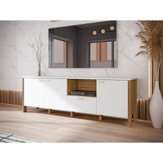 Meuble TV  L. 193 cm 3 Portes 1 Tiroir 1 Niche Décor Gris Clair et Chêne - DEVONNE