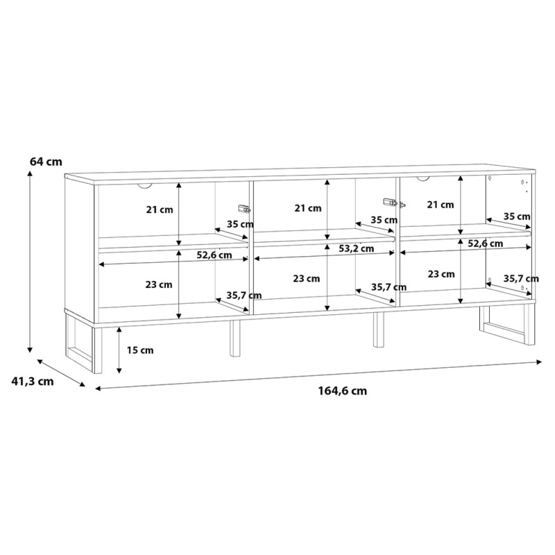 Meuble TV 165 cm 3 Portes Façades Fraisées Blanc Mat Système Push to Open et Pieds Luges Blanc Mat - ARIANA