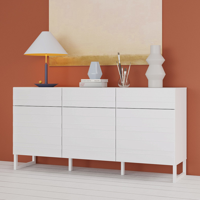 Buffet 165 cm 3 Portes 3 Tiroirs  Façades Fraisées Blanc Mat Système Push to Open et Pieds Luges Blanc Mat - ARIANA
