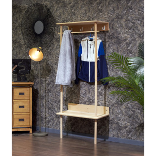 Meuble d'Entrée / Porte Manteau en Bois de Hêtre avec Crochets en Métal Blanc - LONNY 9920