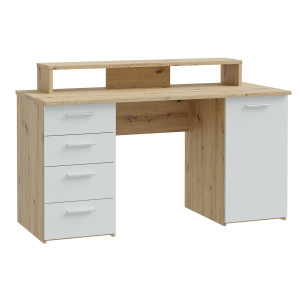 Bureau L. 145 cm avec surmeuble 1 porte 1 tablette 4 tiroirs décor bois chêne clair et finitions gris clair mat - ONDÉE