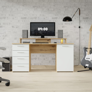 Bureau L. 145 cm avec surmeuble 1 porte 1 tablette 4 tiroirs décor bois chêne clair et finitions gris clair mat - ONDÉE