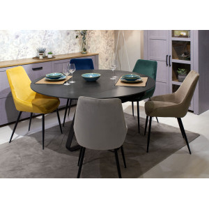 Table de Repas Extensible Ronde 150 x 90/150 cm Plateau  Céramique Gris Anthracite Pied Central Métal Noir - SKYE