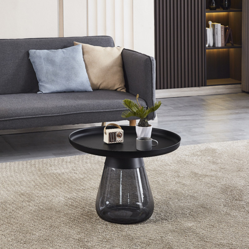 Table d'appoint H. 42 cm verre trempé noir fumé et métal noir - SHURI