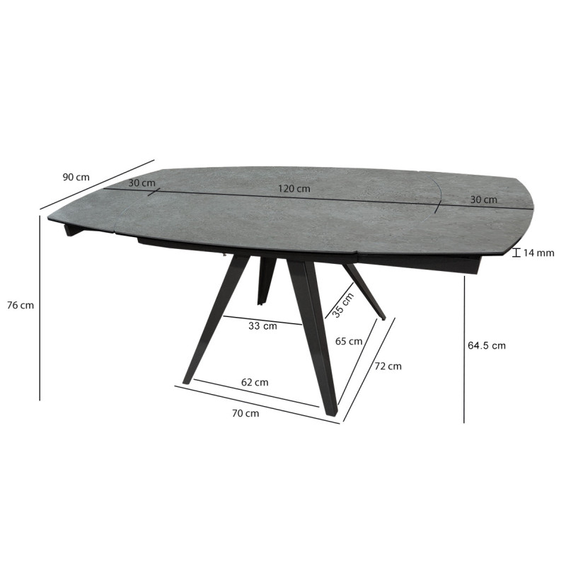 Table Extensible ovale 120/180 cm Plateau céramique gris anthracite et pied métal inclinés - ADELPHIA