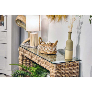 Panier décoratif ovale L. 31 cm tressé en jacinthe d’eau avec anses et broderies blanches – fabrication artisanale – CORAL
