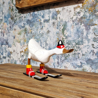 Statuette décorative H. 18 cm canard skieur blanc en bois de teck – original et rustique – DONNY