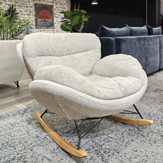 Fauteuil à Bascule en Tissu Bouclette Beige avec Pieds en Bois et Métal Noir - Style Scandinave et Contemporain - MIGUEL
