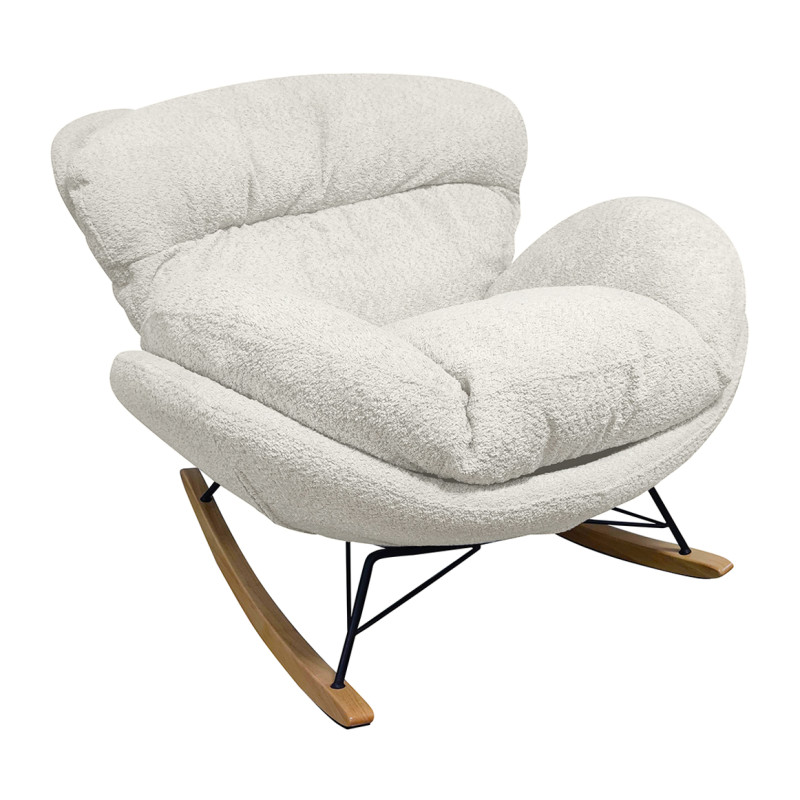 Fauteuil à Bascule en Tissu Bouclette Beige avec Pieds en Bois et Métal Noir - Style Scandinave et Contemporain - MIGUEL