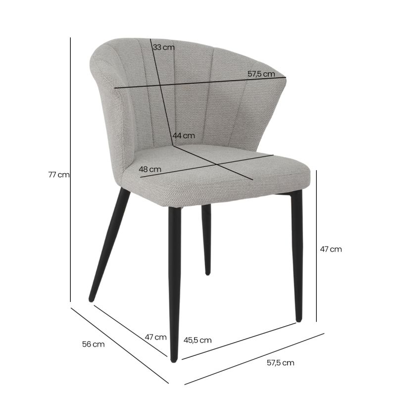 Lot de 2 chaises de repas fauteuils dossier forme de coquillage en tissu gris clair et pieds métal noir – MONTREAL