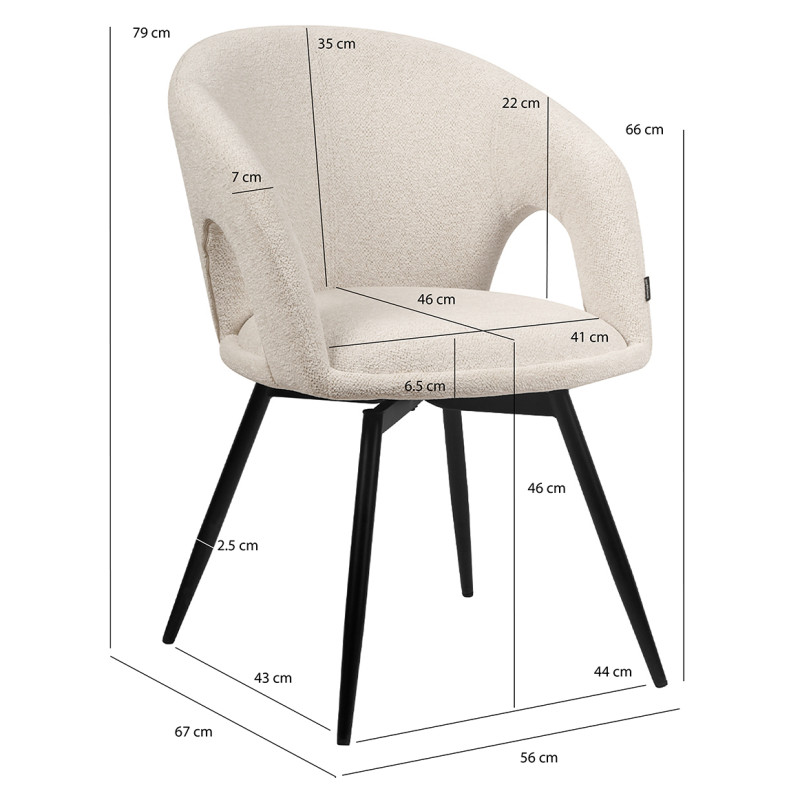 Chaise de Repas Rotative 180° en Tissu Doux Beige avec Accoudoirs et Piètement en Métal Noir - Design Contemporain - ALEX