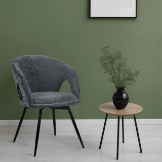 Chaise de Repas Rotative 180° en Tissu Doux Gris avec Accoudoirs et Piètement en Métal Noir - Design Contemporain - ALEX
