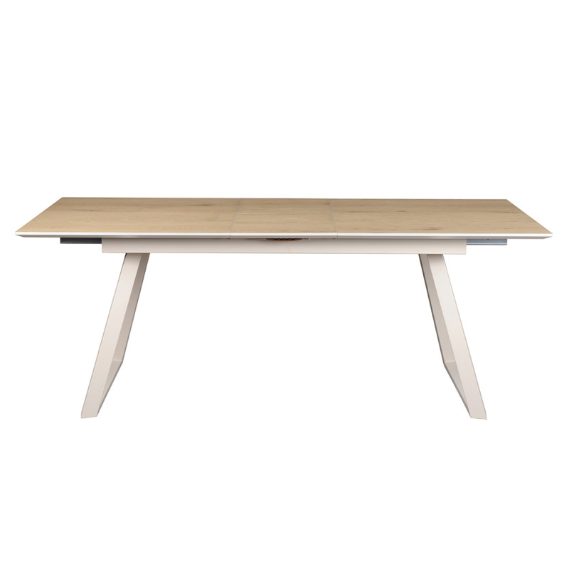 Table de repas extensible 160 à 200 cm plateau plaquée bois chêne clair pieds évasés métal noir - MARJORIE