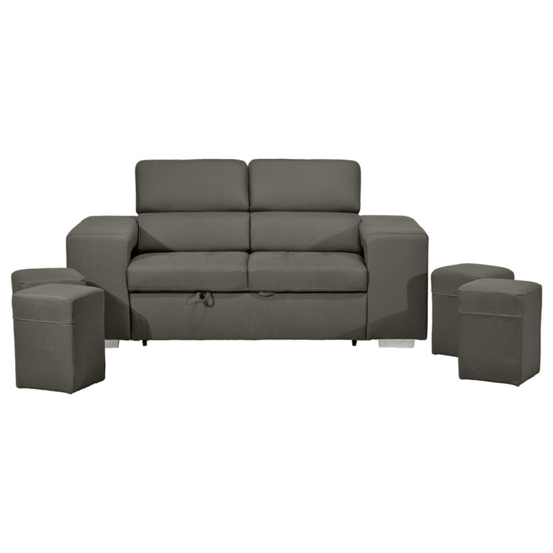 Canapé 3 Places Convertible en Tissu Doux Gris Microfibre Surpiqûres et Têtières Réglables - VEGAS
